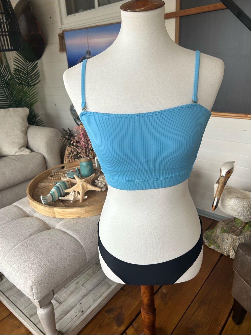 Xhilaration Blue Ribbed Crop Bikini Top with Black Bottoms